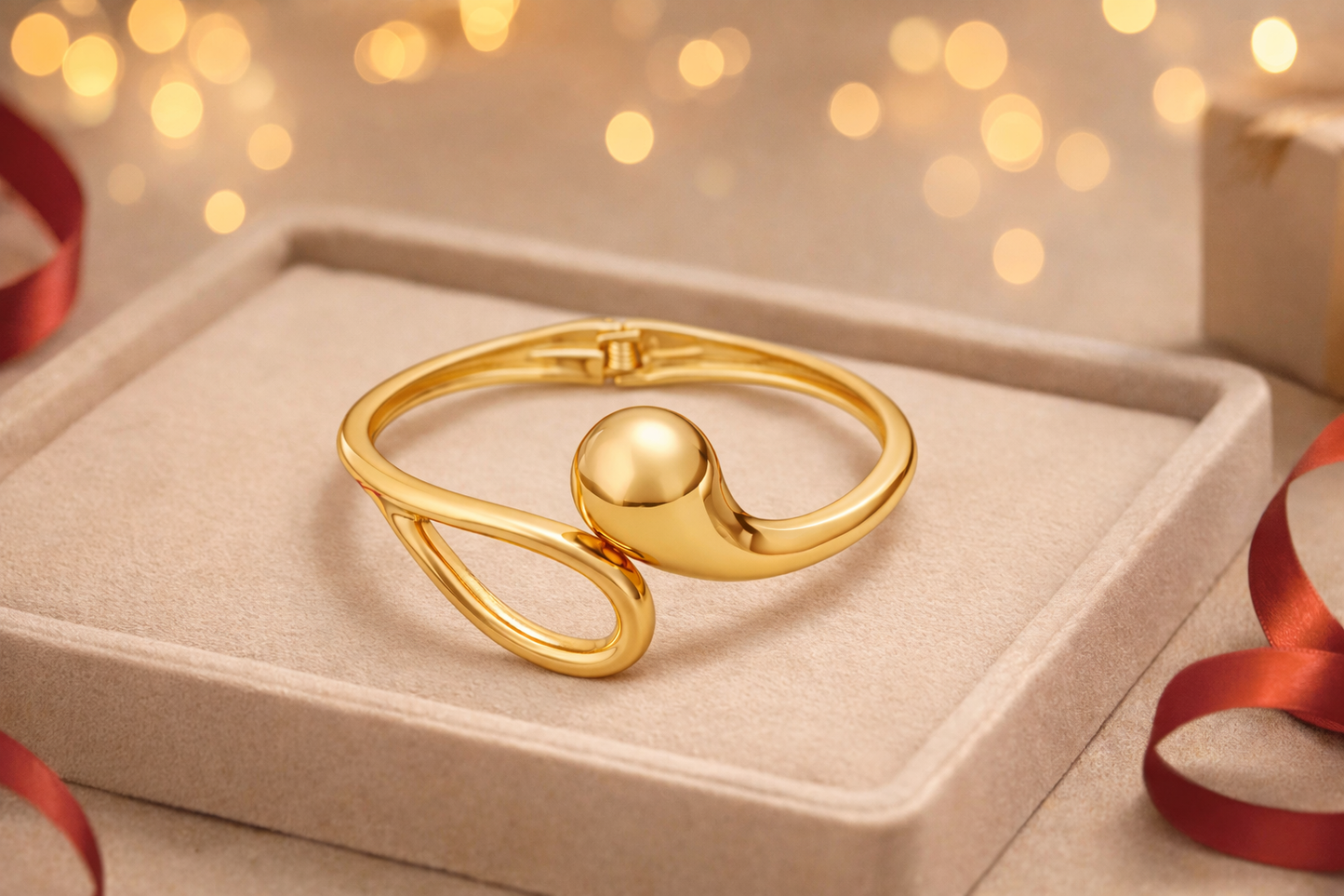 Gold bracelet on a beige jewelry box with blurred lights in the background