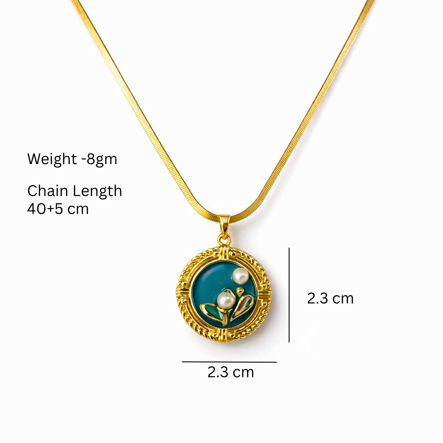 Gold necklace with a green pendant on a white background