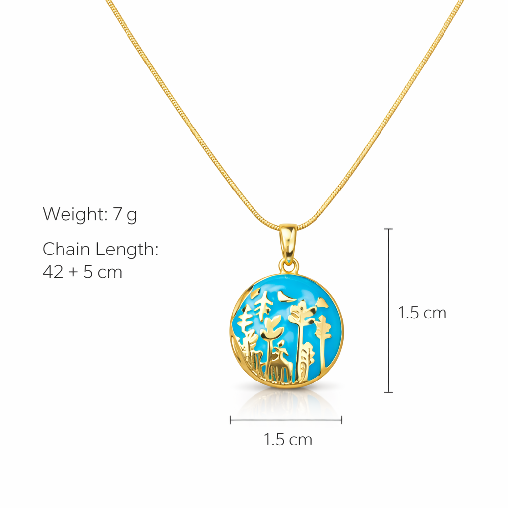 Gold necklace with a blue pendant featuring nature design, shown with measurements on a white background.