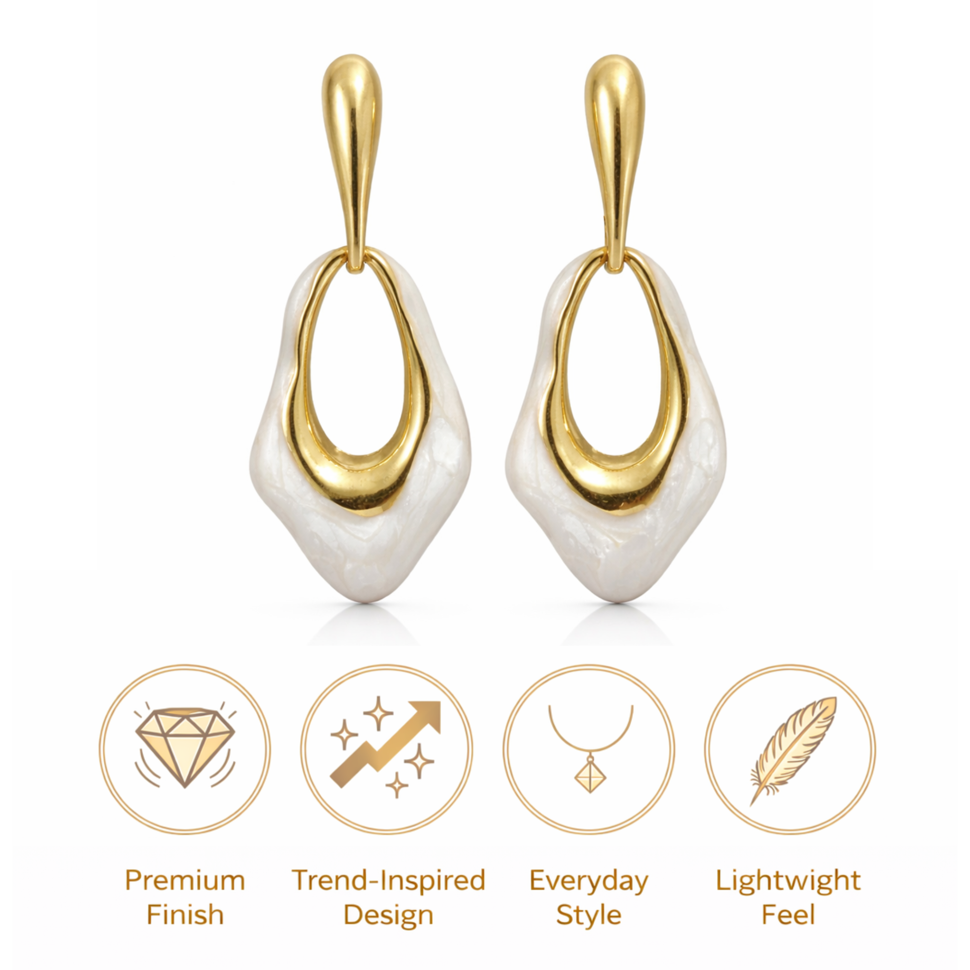 Gold and white earrings with feature icons on a white background