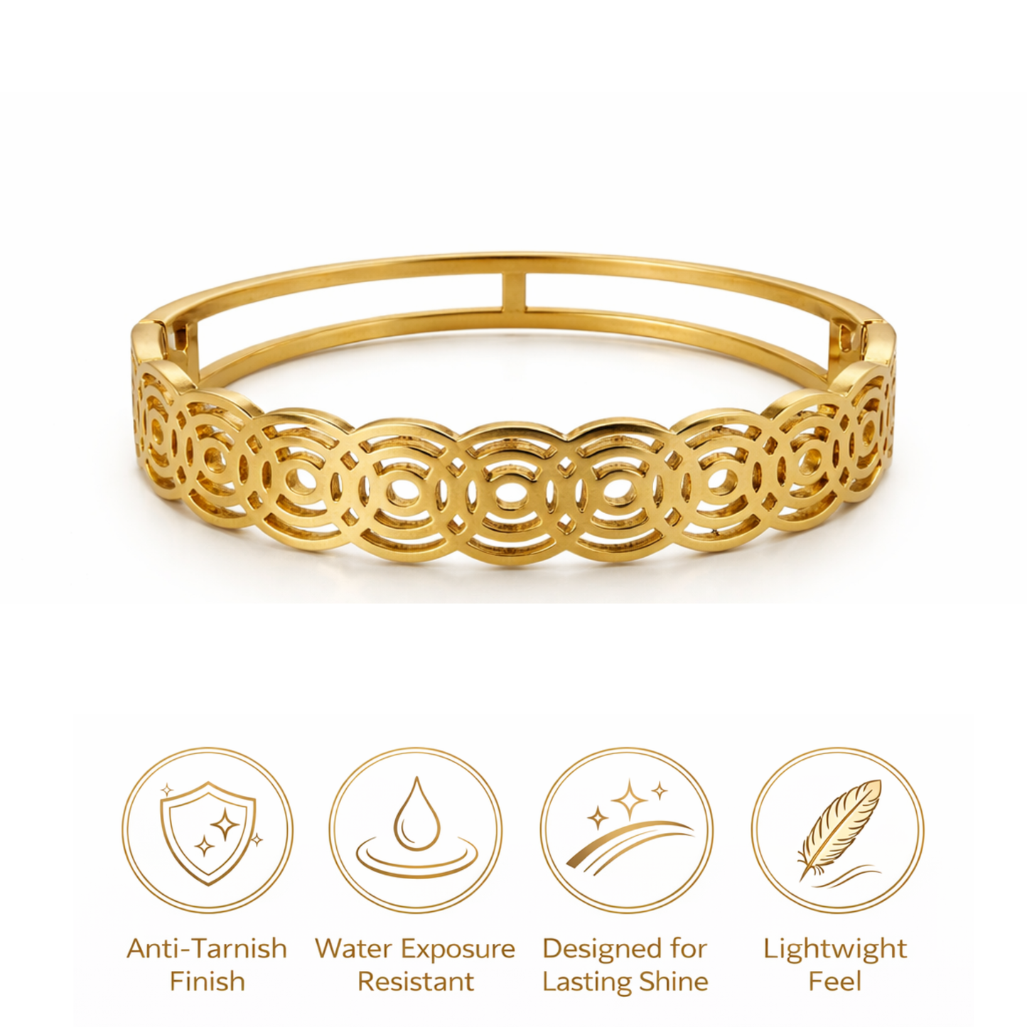 Gold bracelet with decorative patterns on a white background, featuring icons and text about product features.