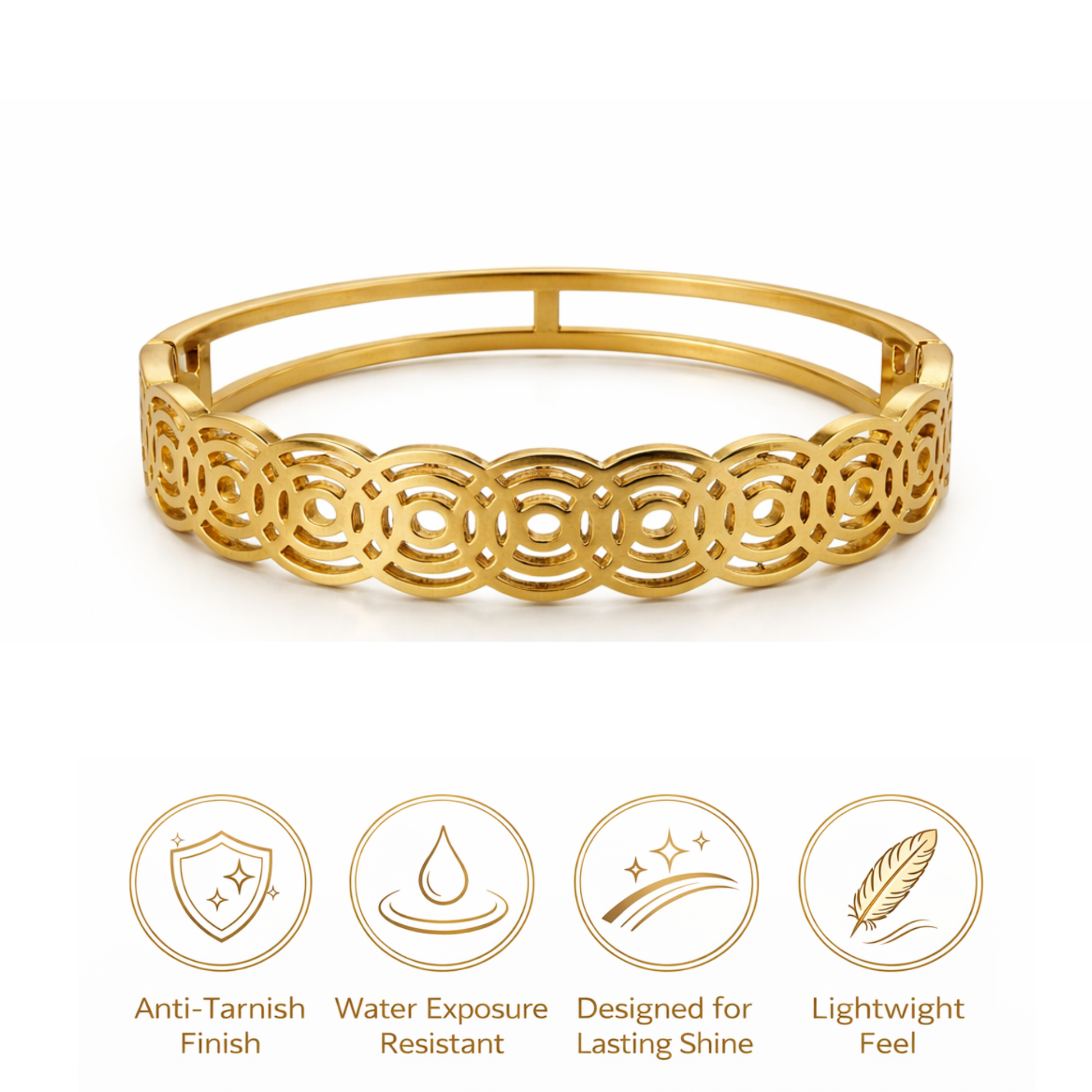 Gold bracelet with decorative patterns on a white background, featuring icons and text about product features.