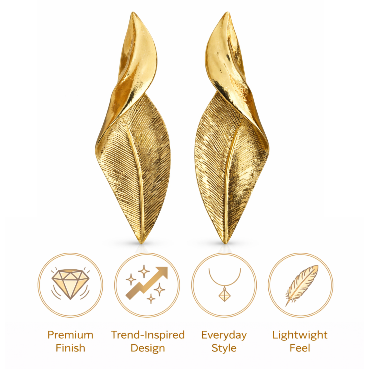 Gold leaf-shaped earrings with icons and text describing features on a white background