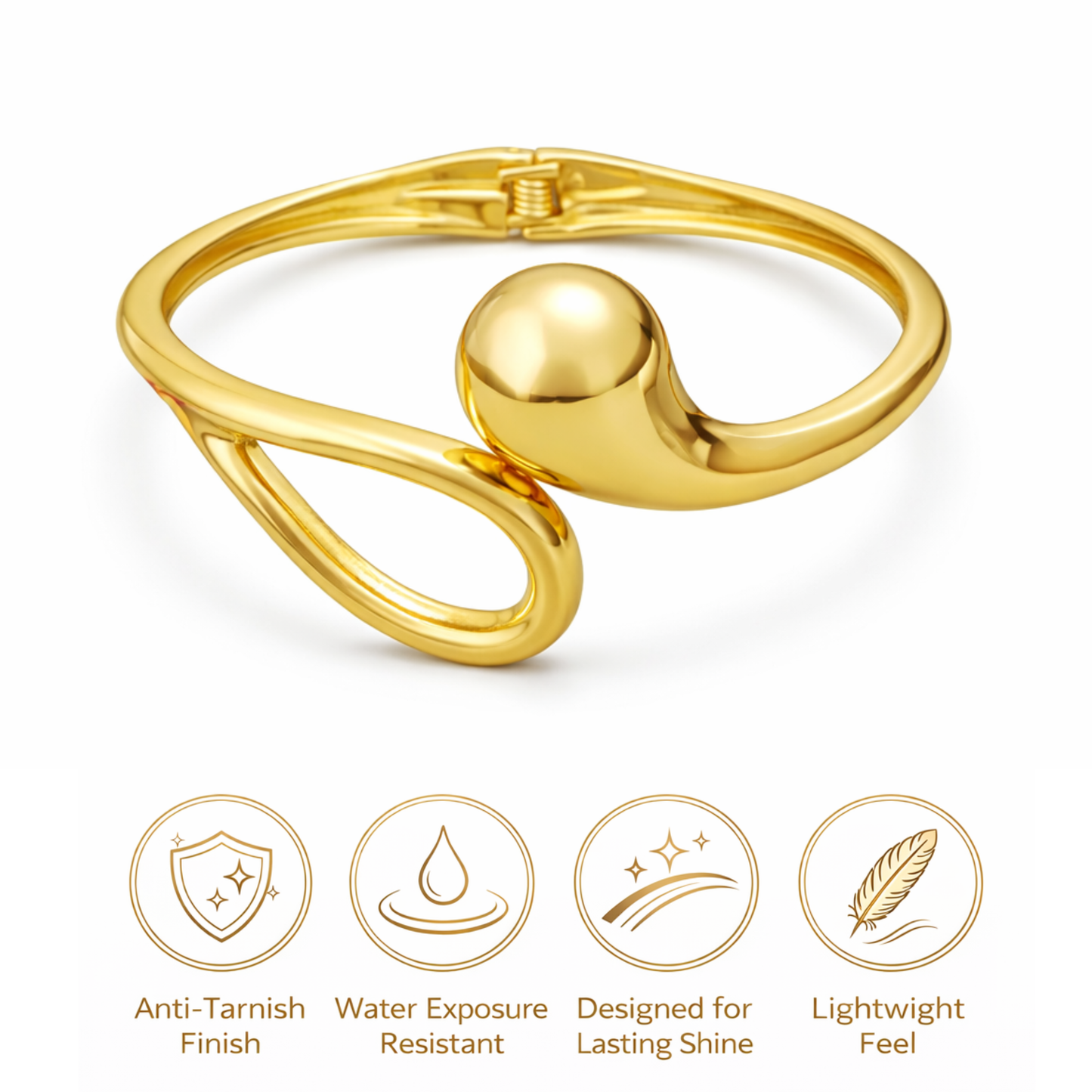 Gold ring with features listed below on a white background