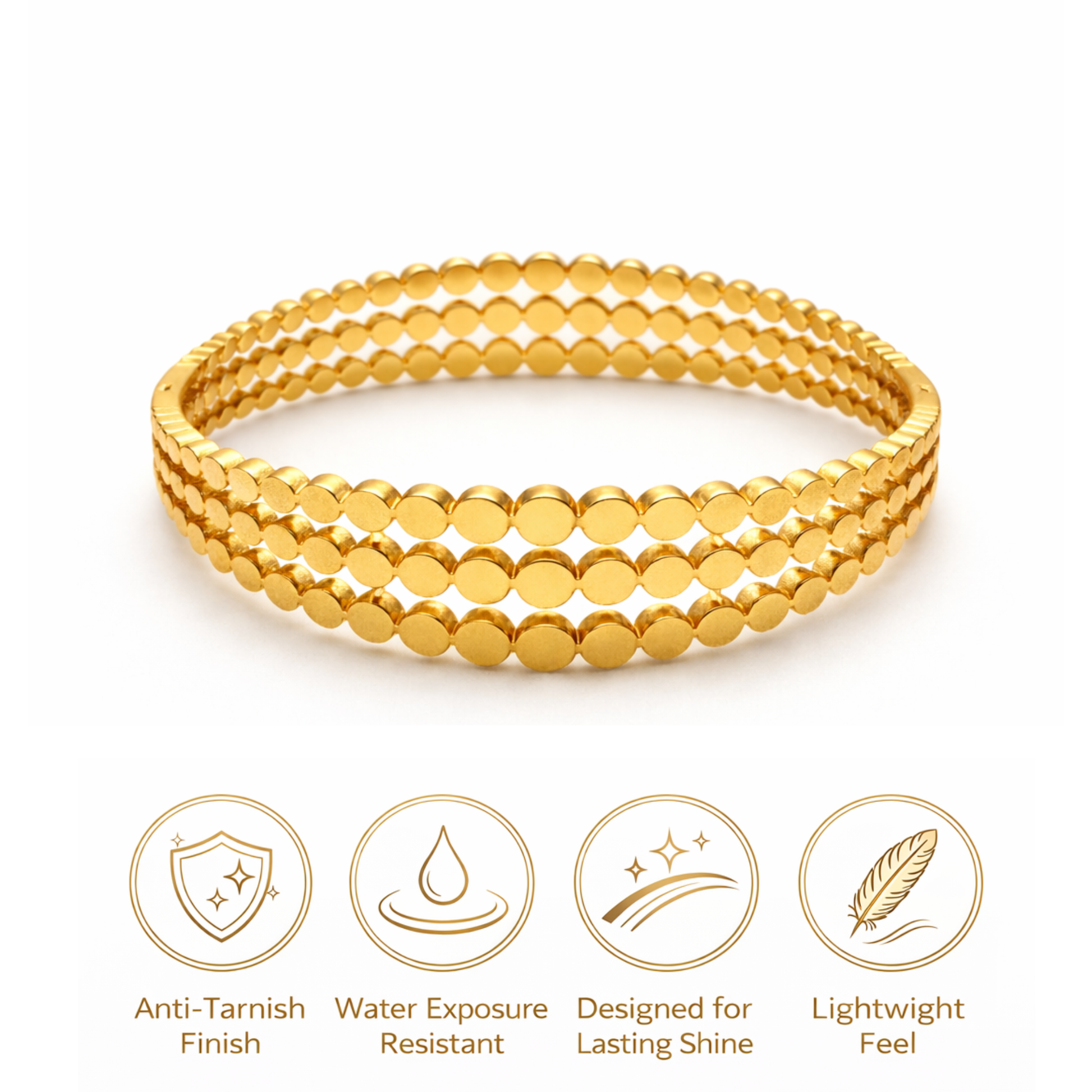 Gold bracelet with features listed below on a white background