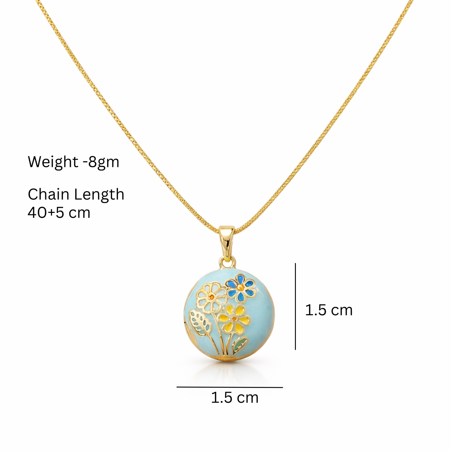 Gold necklace with a blue pendant featuring floral designs on a white background.