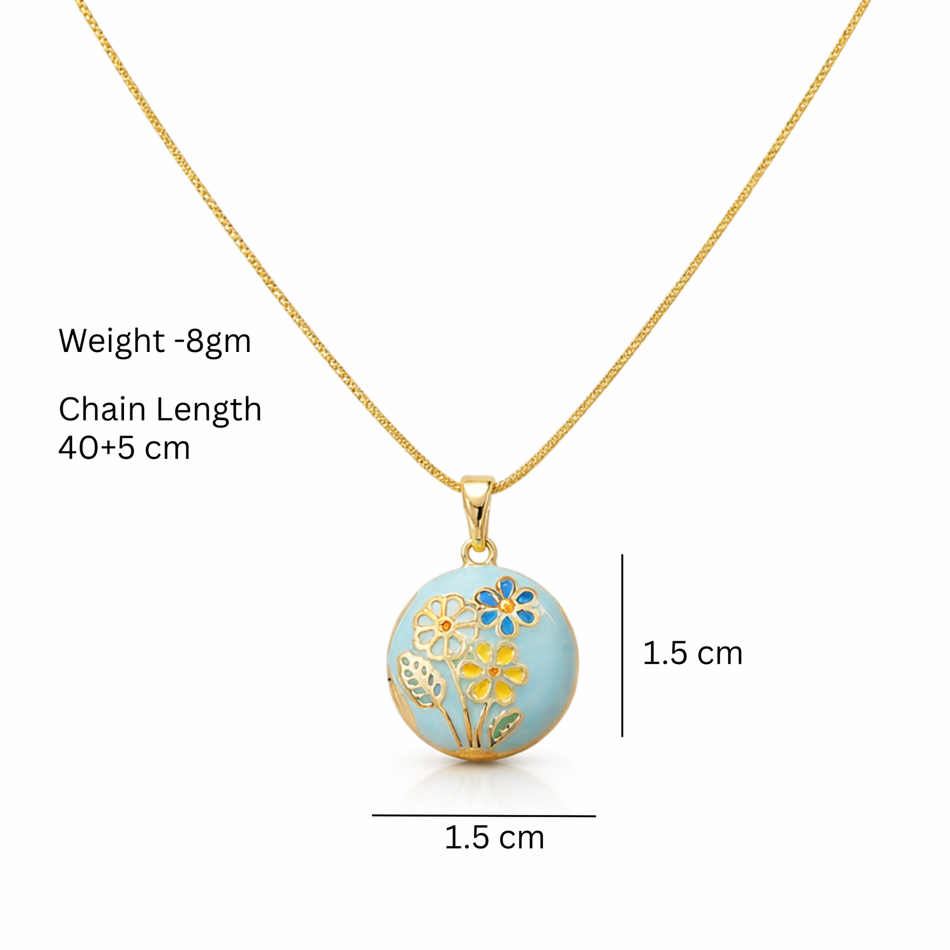 Gold necklace with a blue pendant featuring floral designs on a white background.