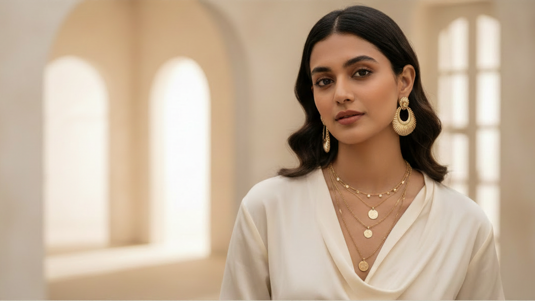 Woman wearing jewelry with 'EVYRAA' branding and product promotion text.