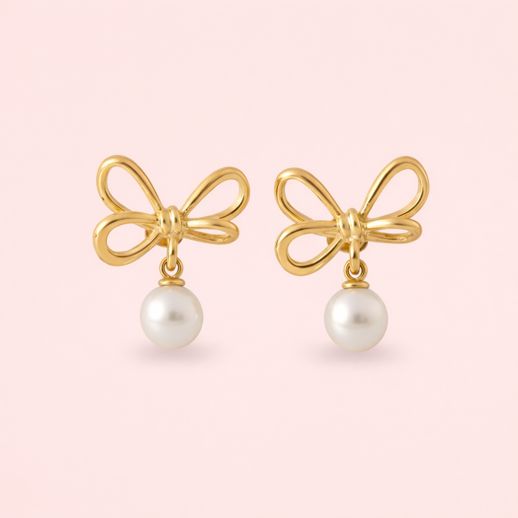 Gold colour geometric looped stud earrings with pearl displayed as a single product on white background