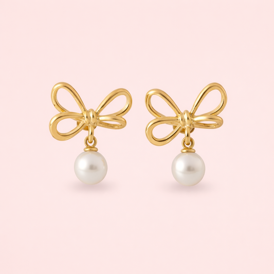 Gold colour geometric looped stud earrings with pearl displayed as a single product on white background