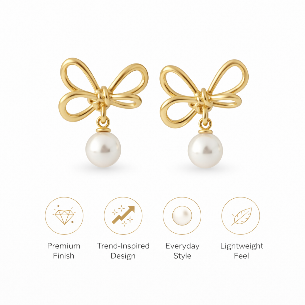 Feature icons highlighting gold colour fashion jewellery stud earrings as lightweight and comfortable for wear
