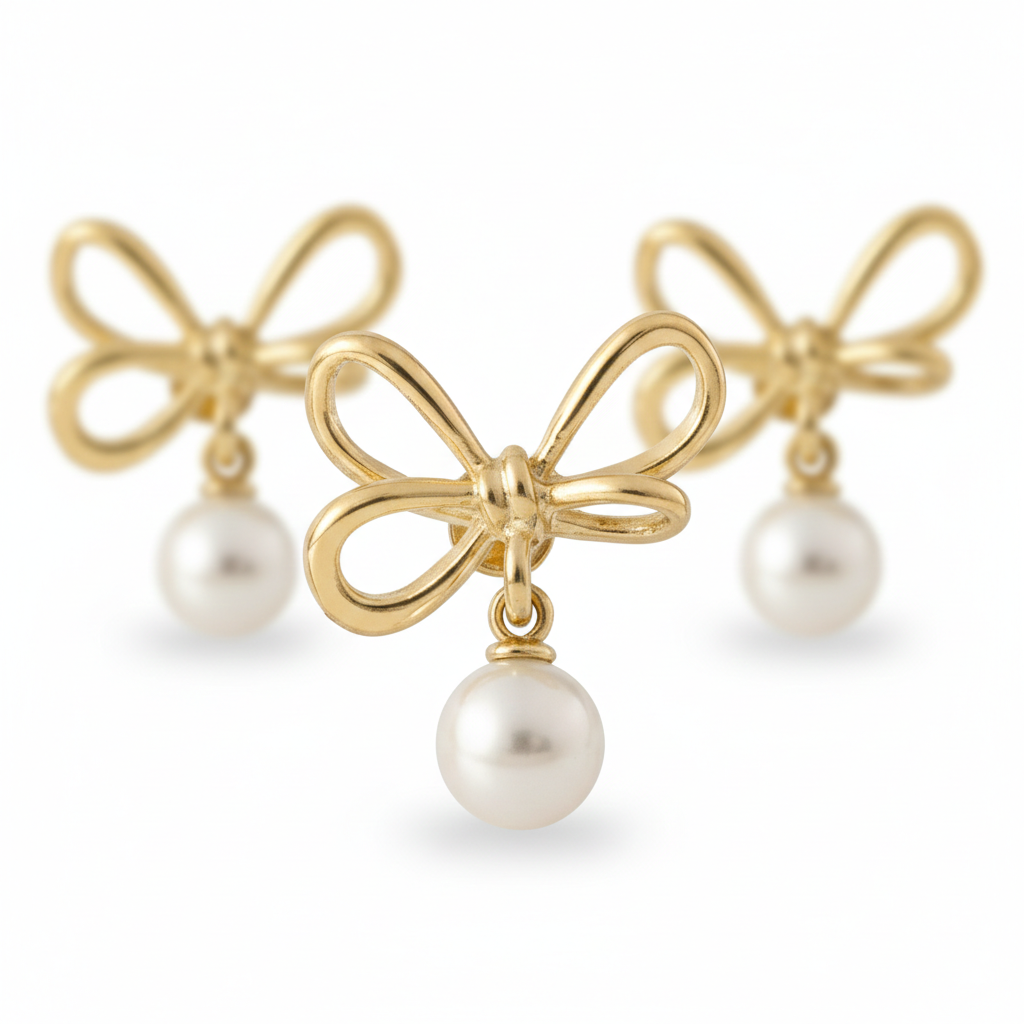 Gold colour geometric looped pearl stud earrings with front earring sharp and second softly blurred