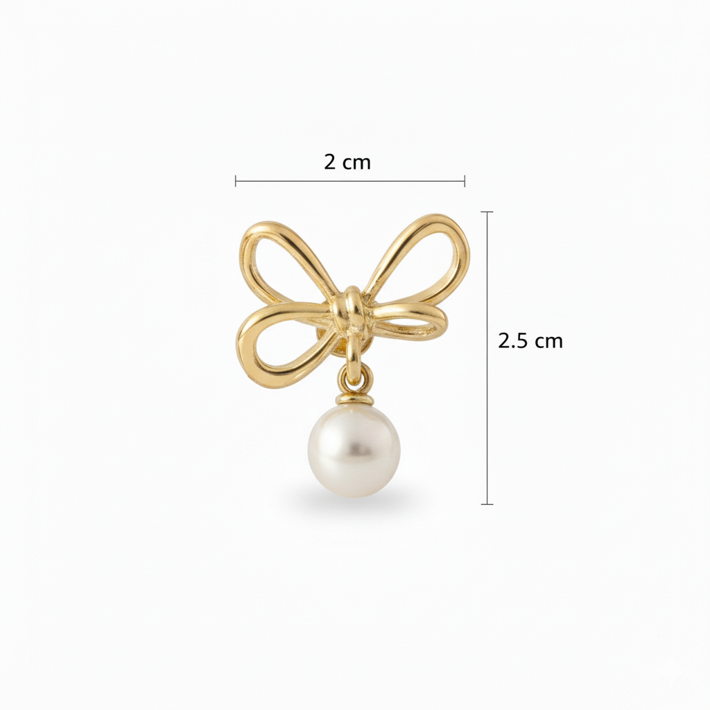 Gold colour geometric looped pearl stud earrings showing clear height and width measurements