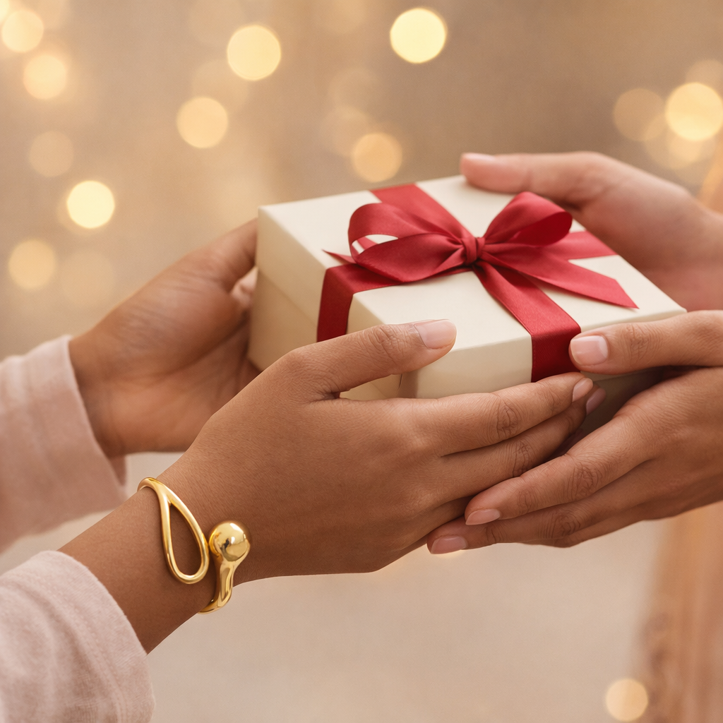 Two hands exchanging a gift box with a red ribbon against a blurred lights background