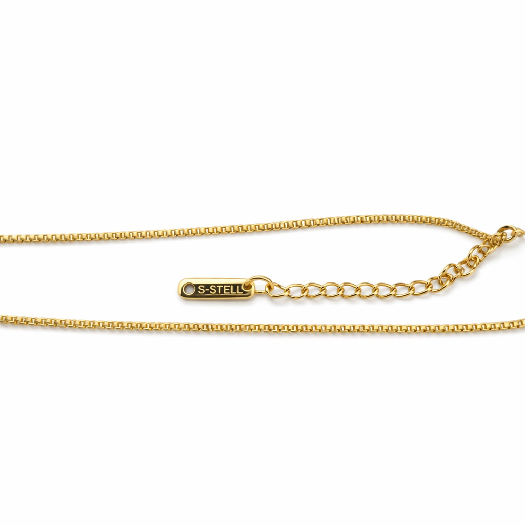 Gold chain necklace with 'S-Steel' clasp on a white background