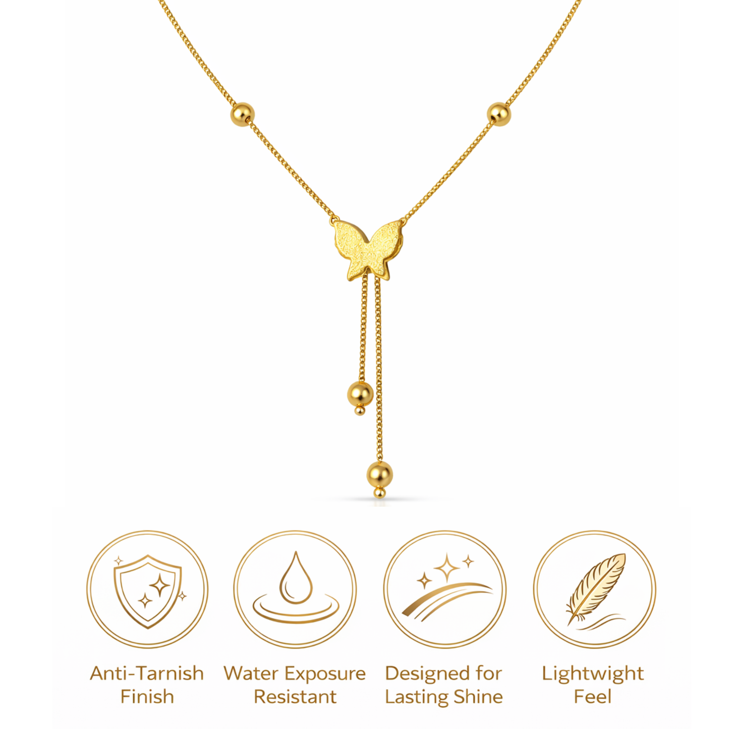 Gold necklace with butterfly pendant on a white background, featuring icons and text about necklace features.
