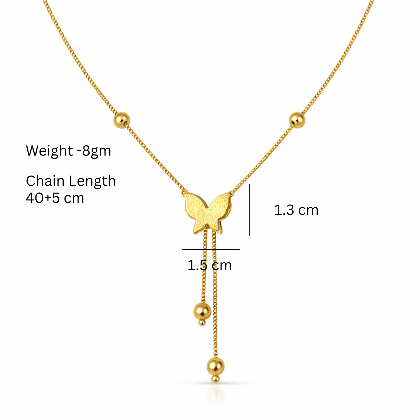 Gold necklace with butterfly pendant and measurements on a white background