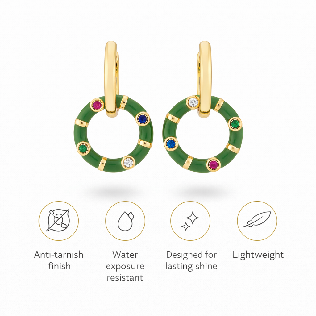 Feature icons highlighting gold plated hoop circular earrings as anti tarnish lightweight and long lasting