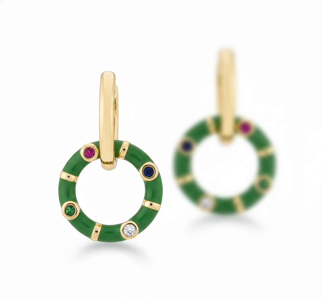 Gold plated hoop circular earrings with front hoop in sharp focus and second softly blurred behind