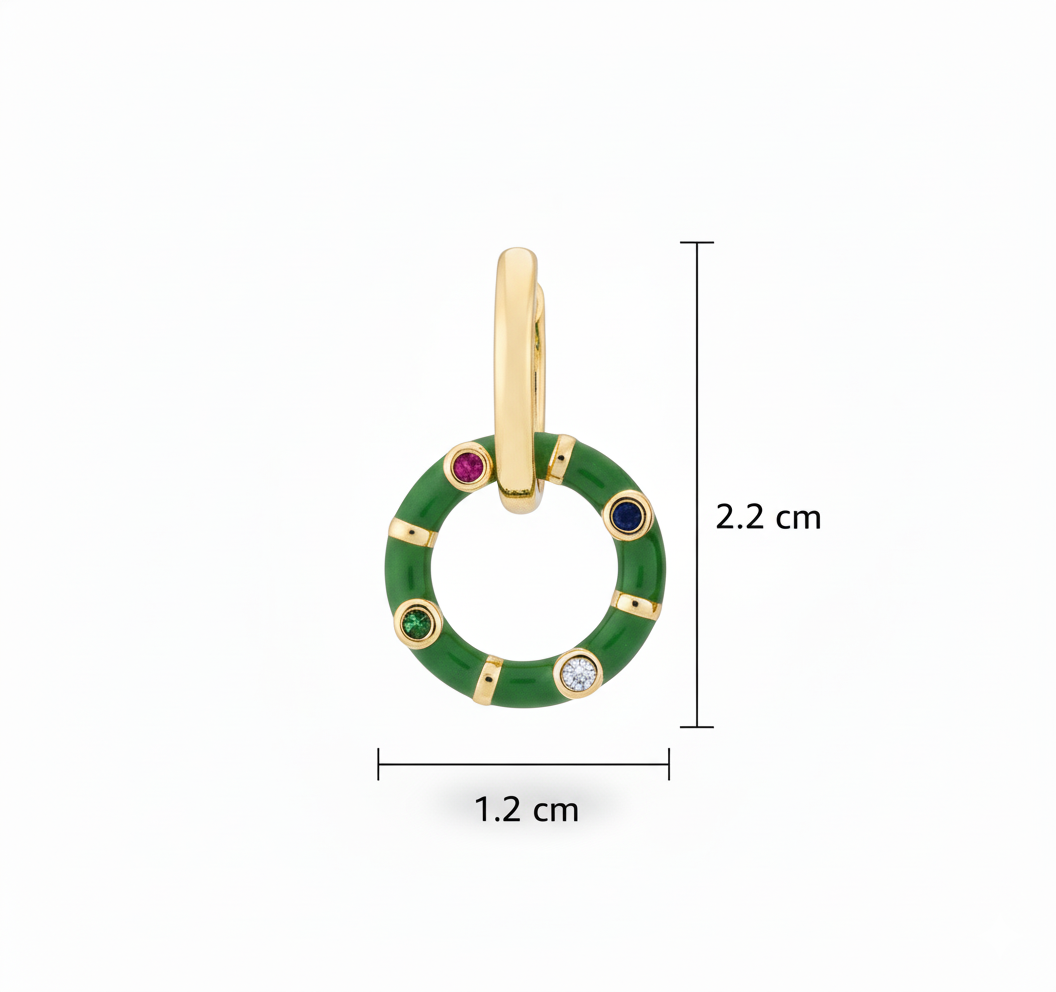 Gold plated hoop circular earrings showing clear height and width measurements for accurate size reference