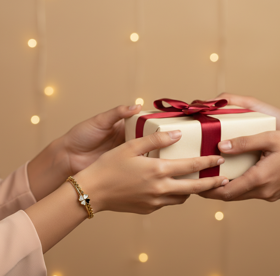 Two hands exchanging a gift box with a red ribbon against a warm, blurred background.