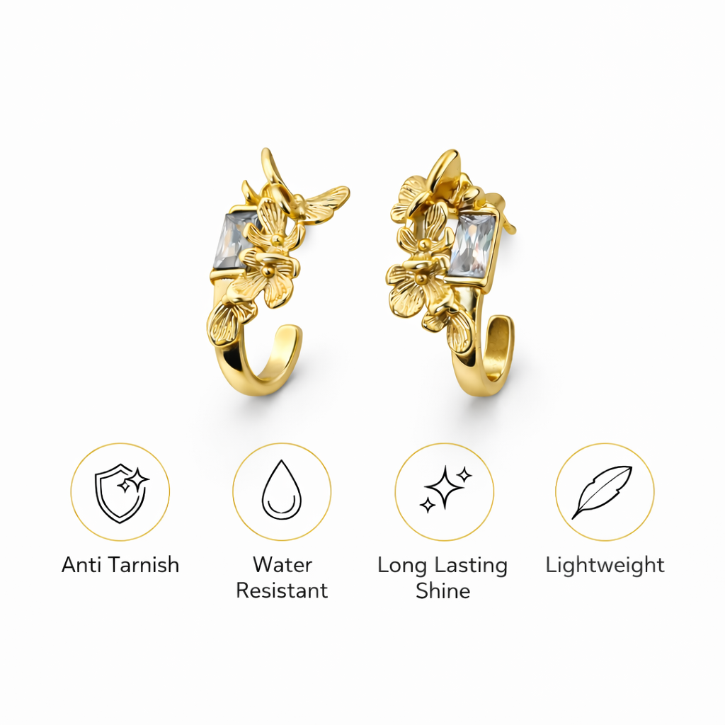 Feature icons highlighting gold plated crystal stud earrings as anti tarnish lightweight and long lasting