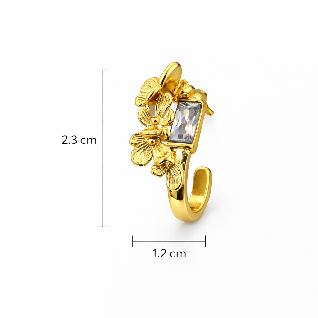 Gold plated crystal stud earrings showing clear height and width measurements for accurate size reference