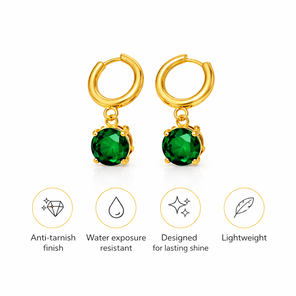 Feature icons highlighting gold plated hoop circular earrings as anti tarnish lightweight and long lasting