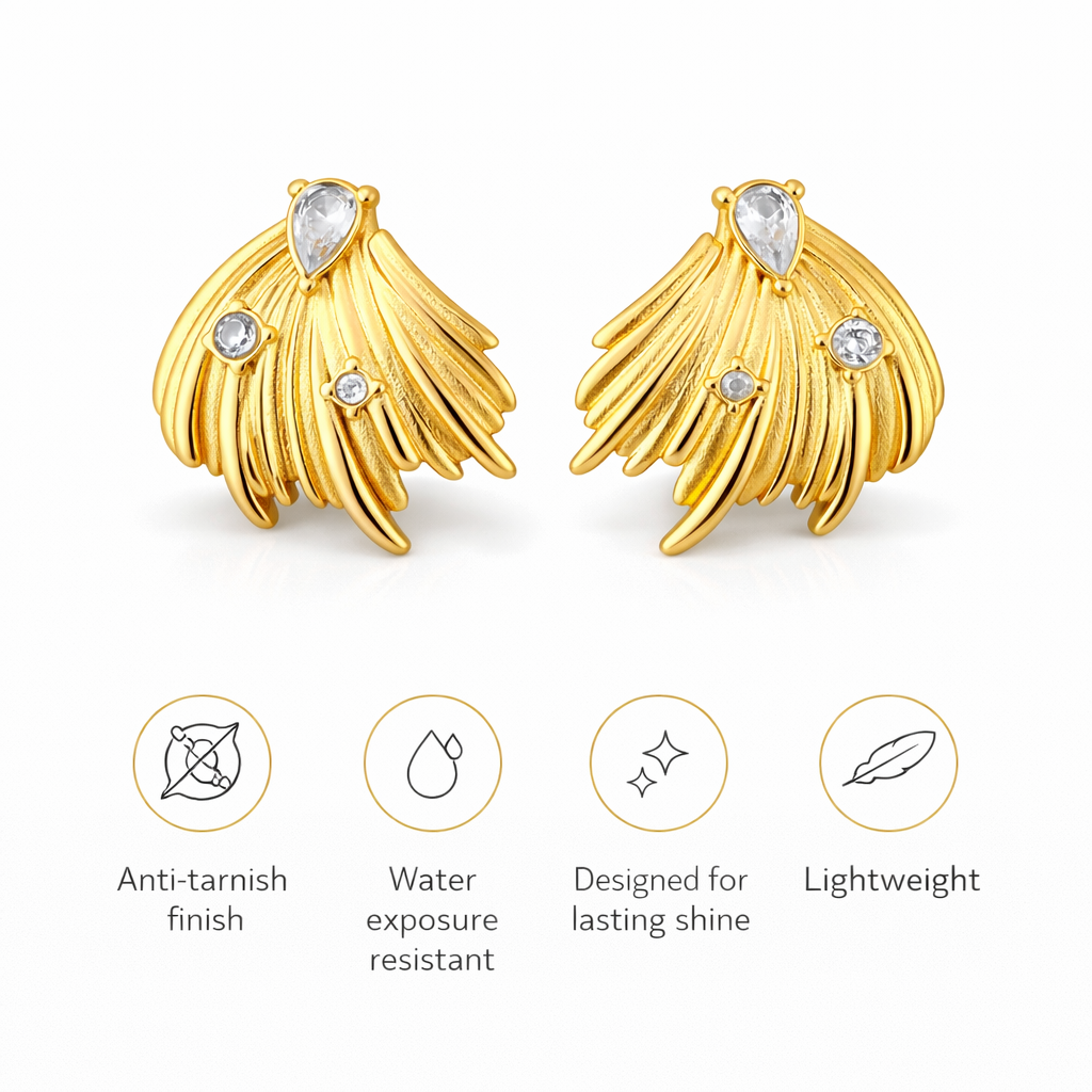 Feature icons showing feather inspired gold plated earrings as anti tarnish lightweight and long lasting