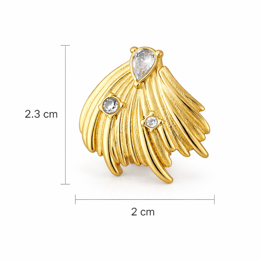 Gold plated feather inspired earrings showing precise height and width measurements for size clarity