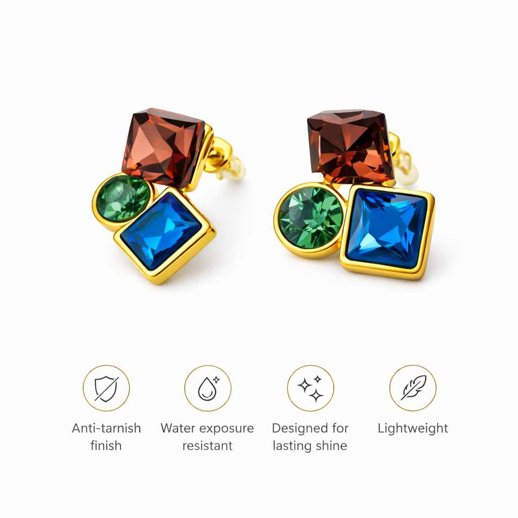 Feature icons highlighting gold plated geometric multi gemstone stud earrings as anti tarnish lightweight and long lasting