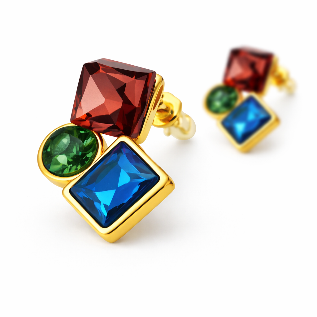 Geometric multi gemstone stud earrings with front earring in sharp focus and second softly blurred