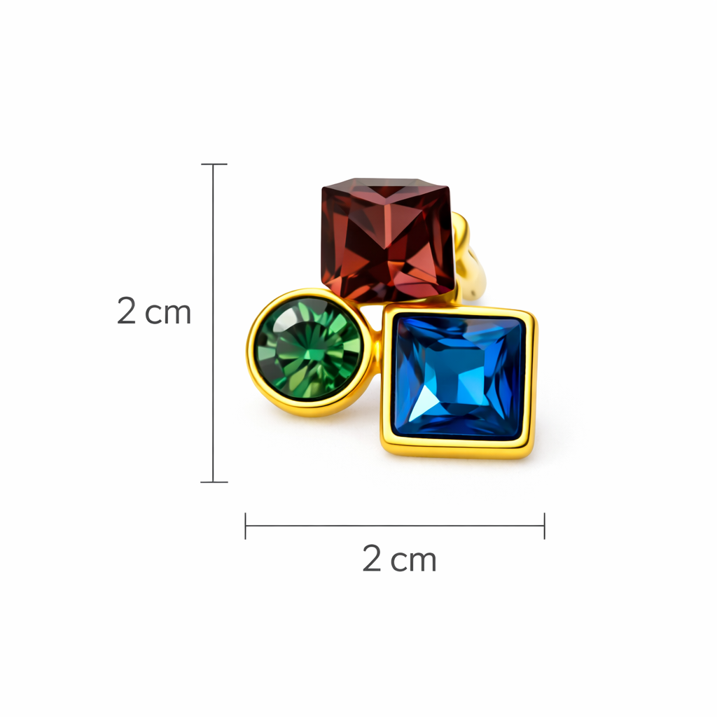 Gold plated geometric multi gemstone stud earrings showing clear height and width measurements for size reference