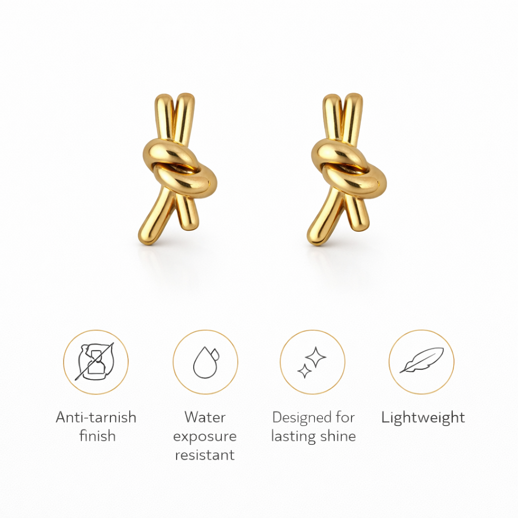 Feature icons highlighting gold plated knotted stud earrings as anti tarnish lightweight and long lasting