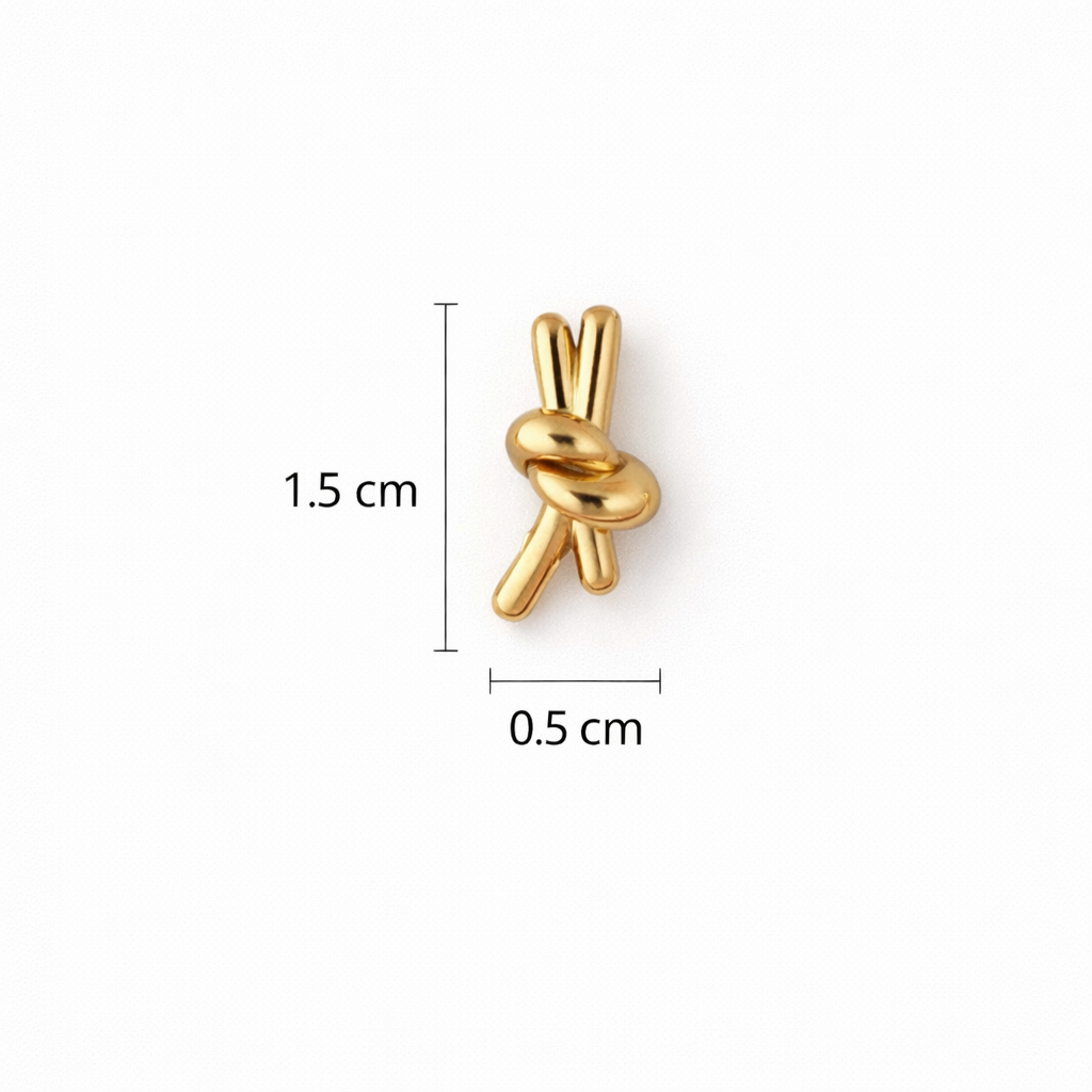 Gold plated knotted stud earrings showing clear height and width measurements for accurate size reference