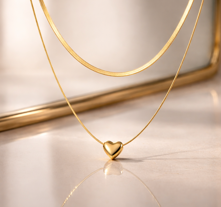 Gold heart-shaped pendant necklace on a light background