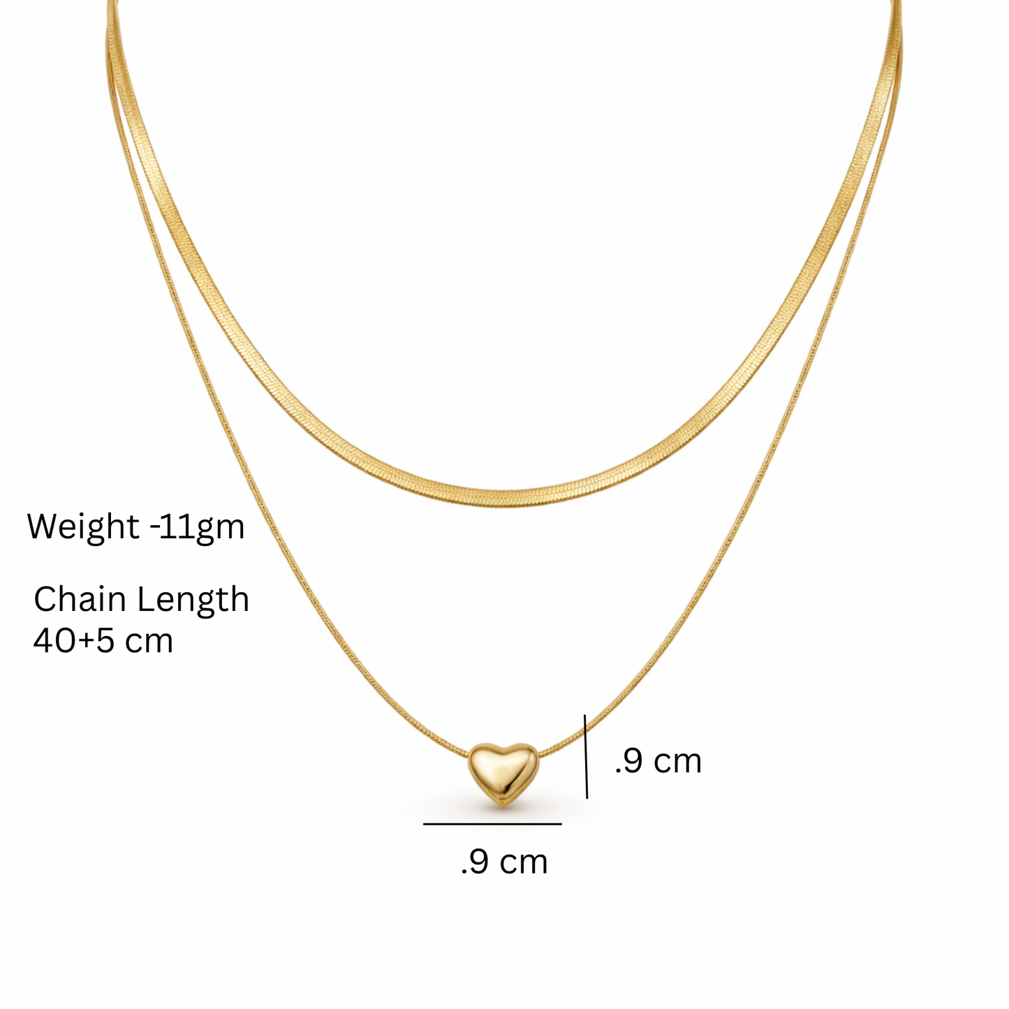 Gold necklace with heart pendant and measurement details on a white background