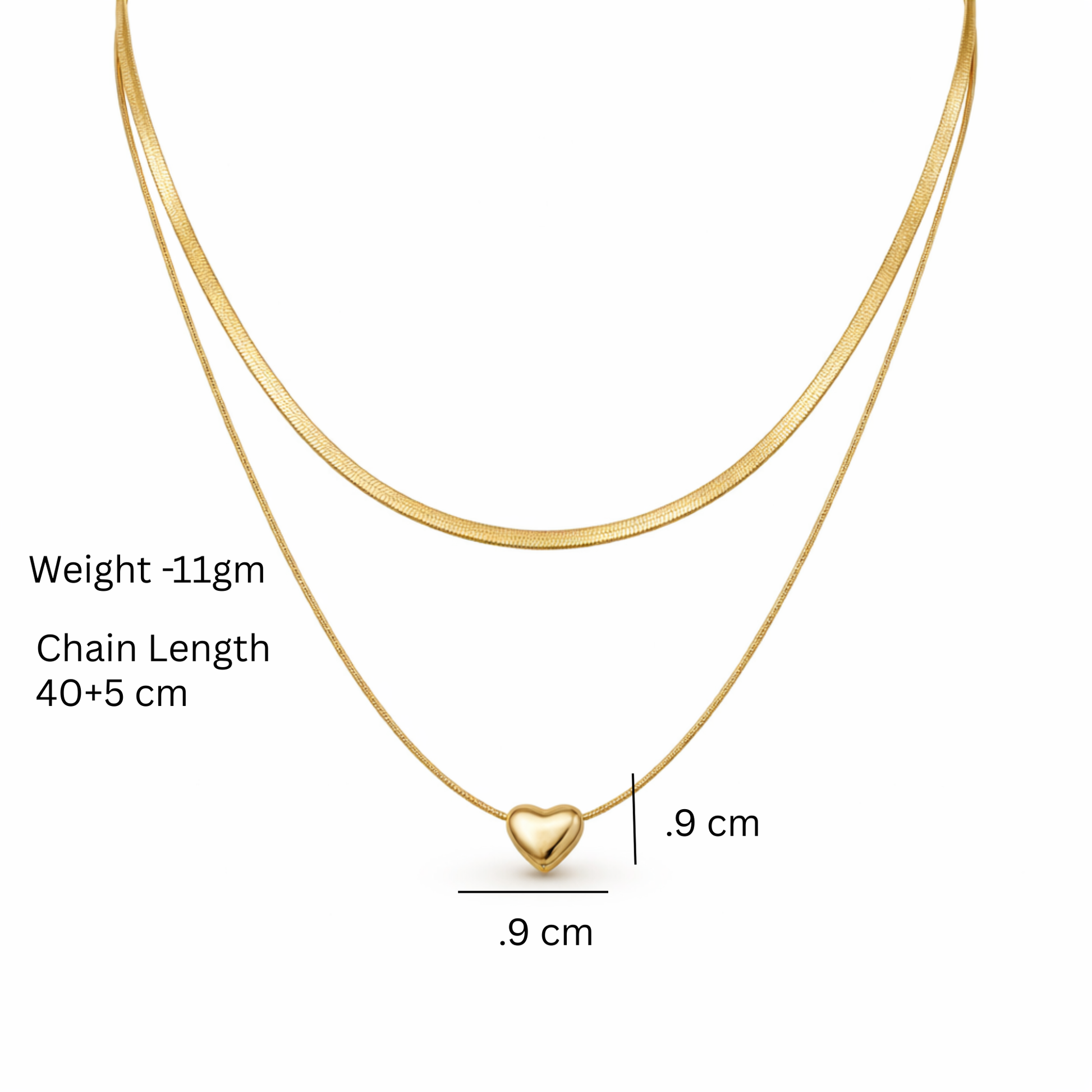Gold necklace with heart pendant and measurement details on a white background