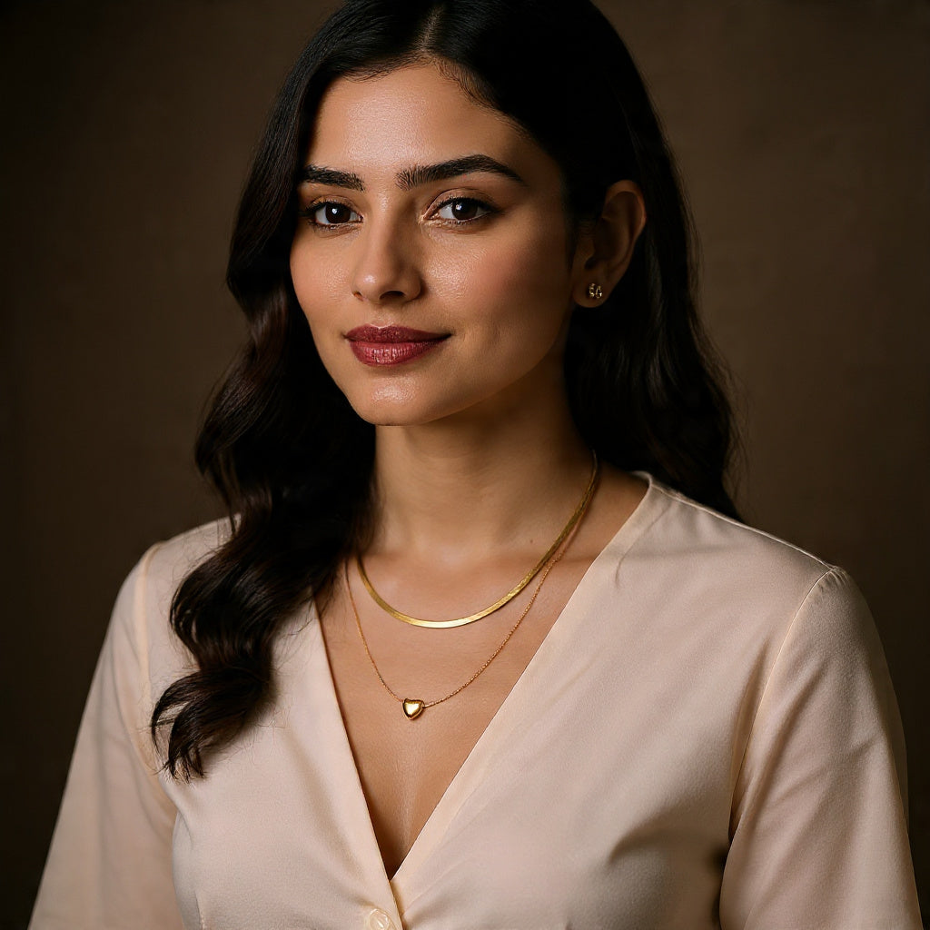 Woman wearing a beige blouse and gold jewelry against a brown background