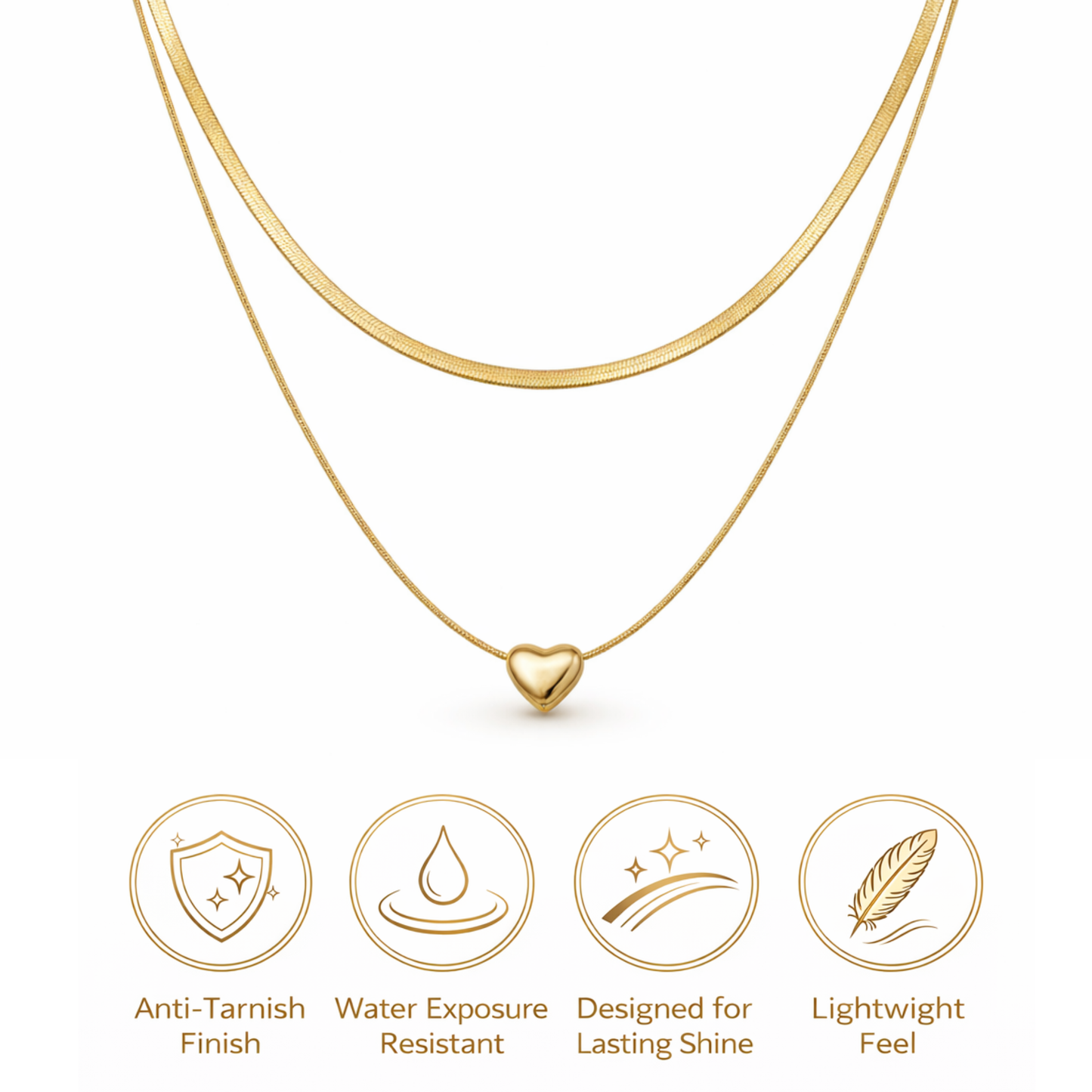 Gold necklace with heart pendant on a white background, featuring icons and text about necklace features.