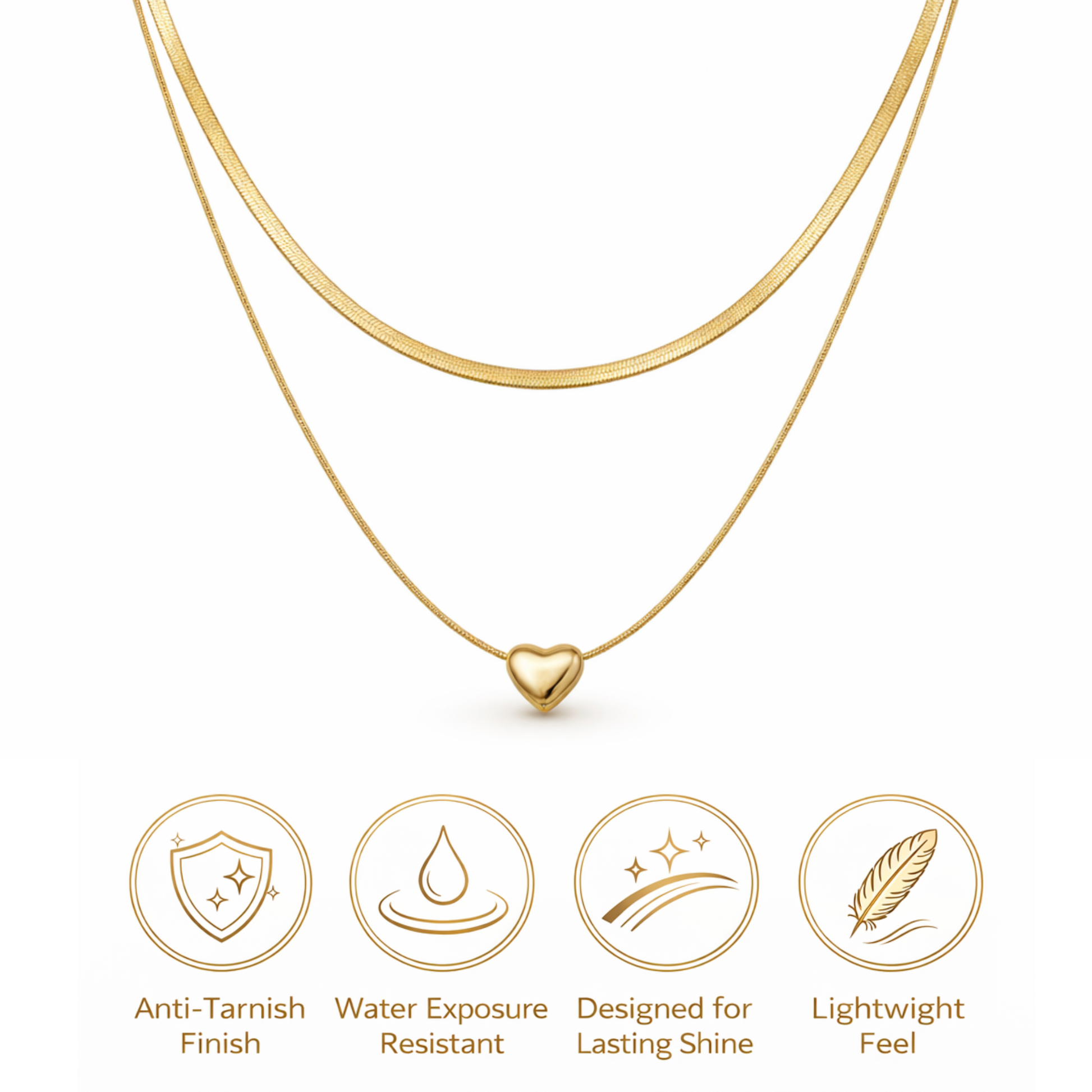 Gold necklace with heart pendant on a white background, featuring icons and text about necklace features.