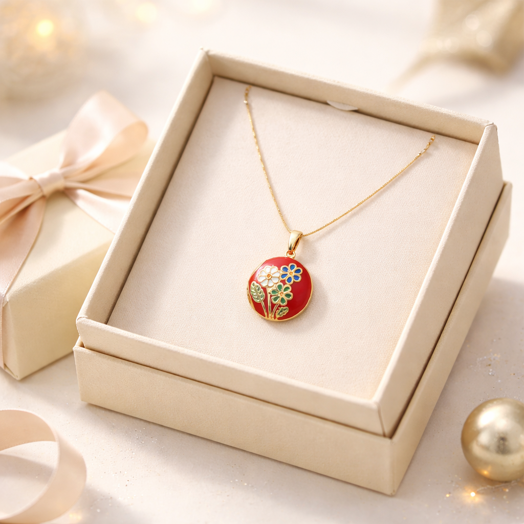 Necklace with a red pendant featuring floral designs in an open beige jewelry box.