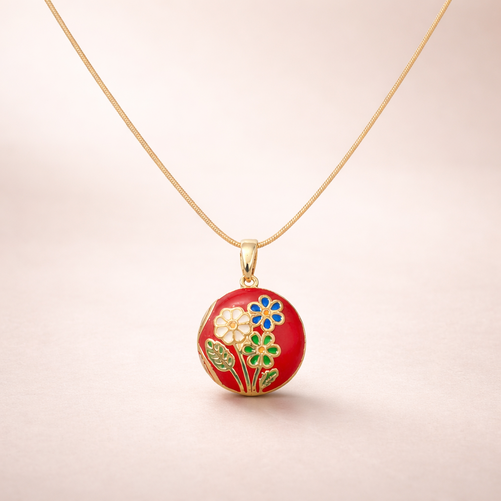 Red floral pendant necklace on a beige background