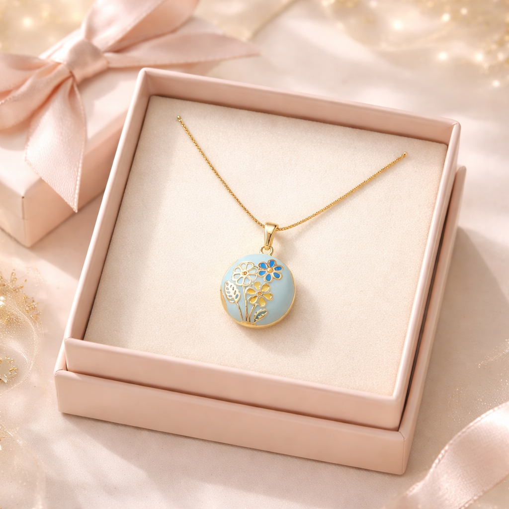 Necklace with a floral pendant in a pink box on a soft pink background