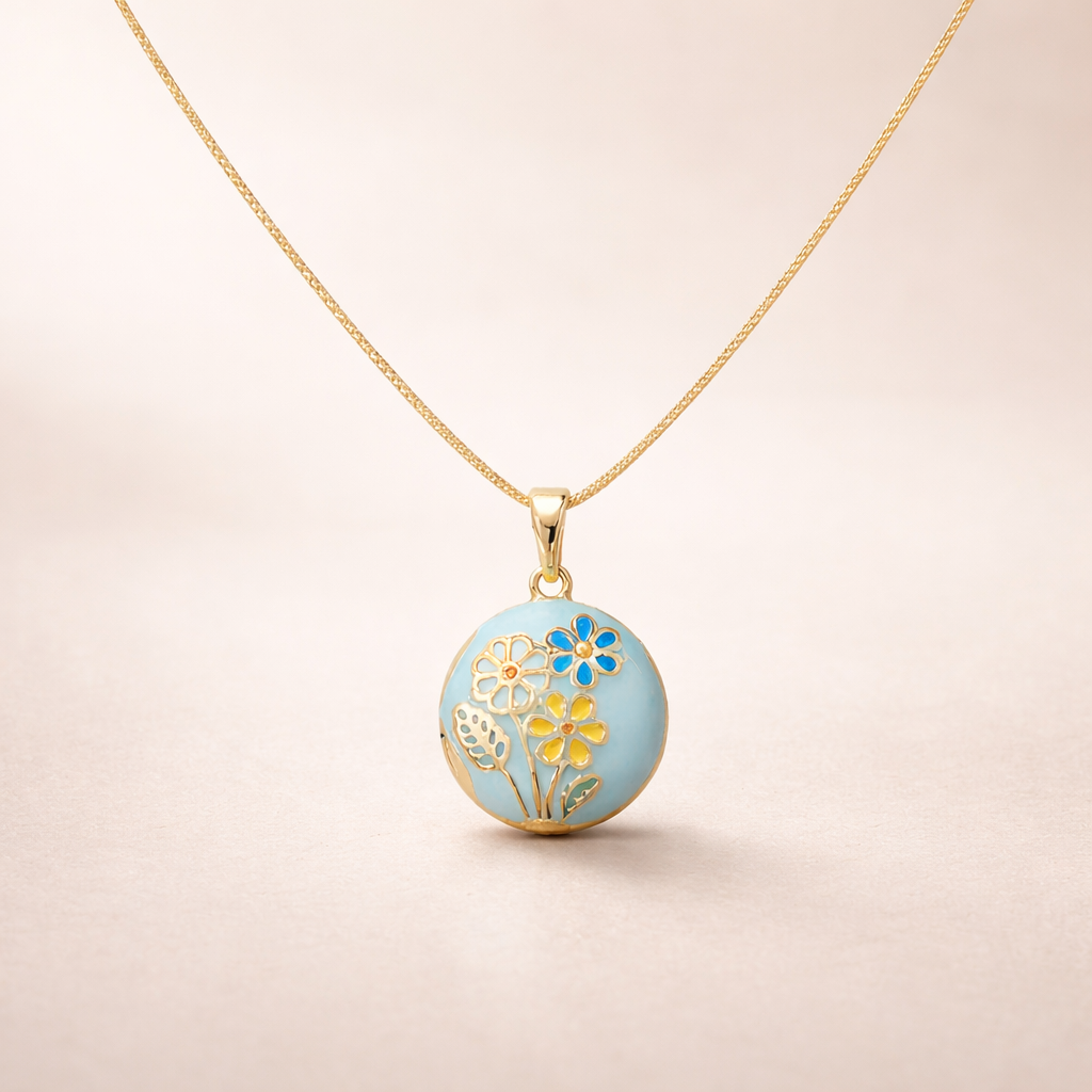 Necklace with a round pendant featuring floral designs on a beige background