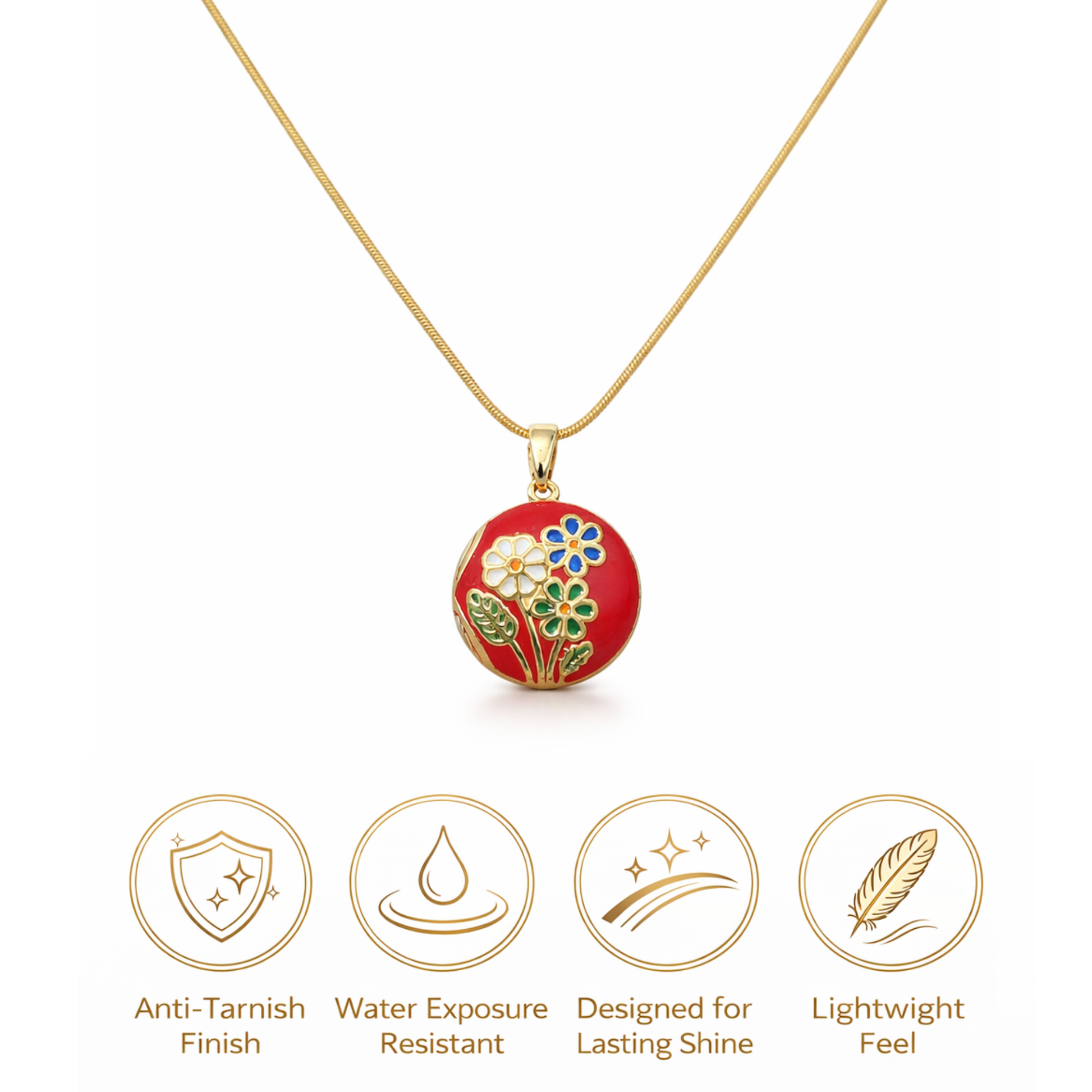 Gold necklace with a red floral pendant on a white background