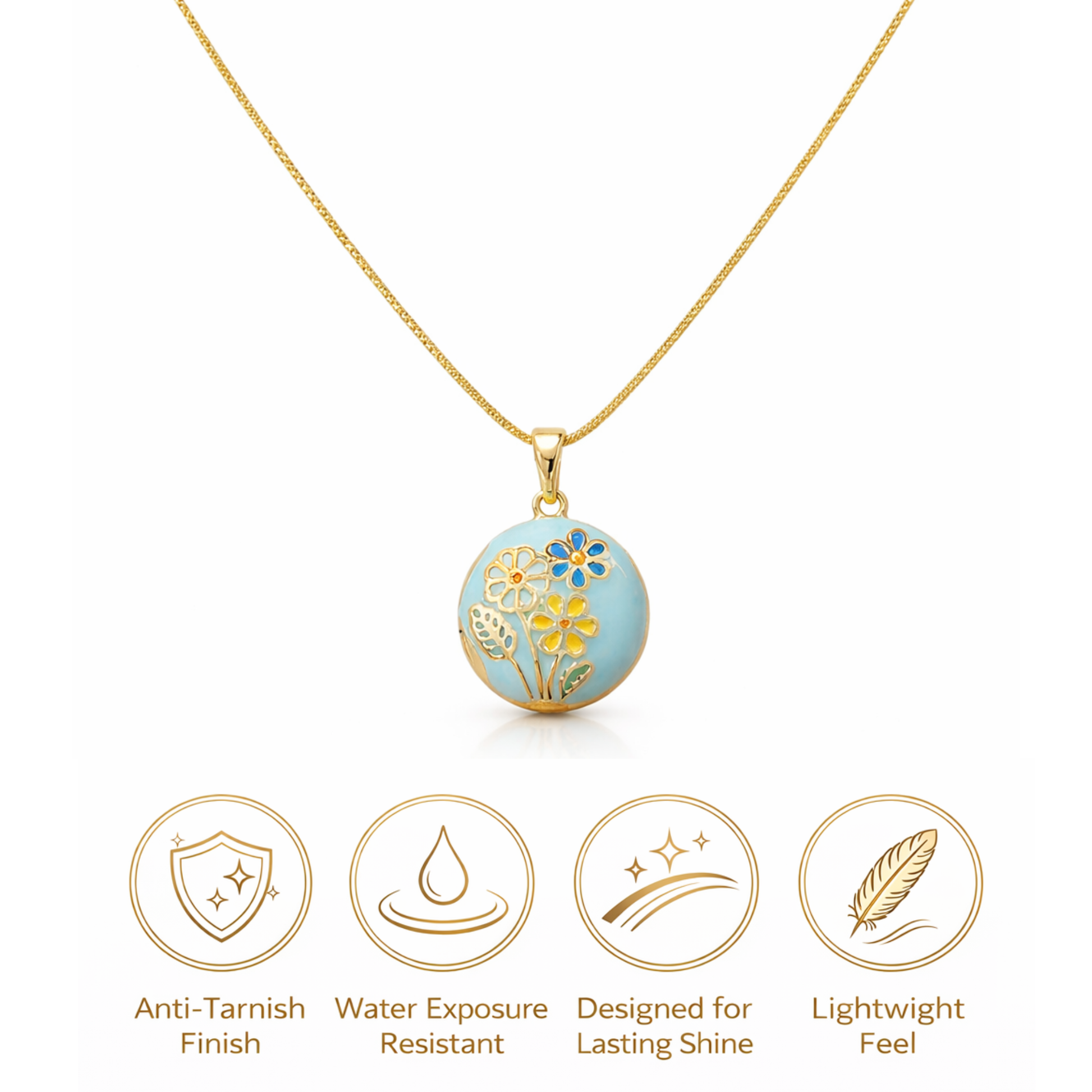 Gold necklace with a light blue pendant featuring flowers on a white background, with icons and text describing features.