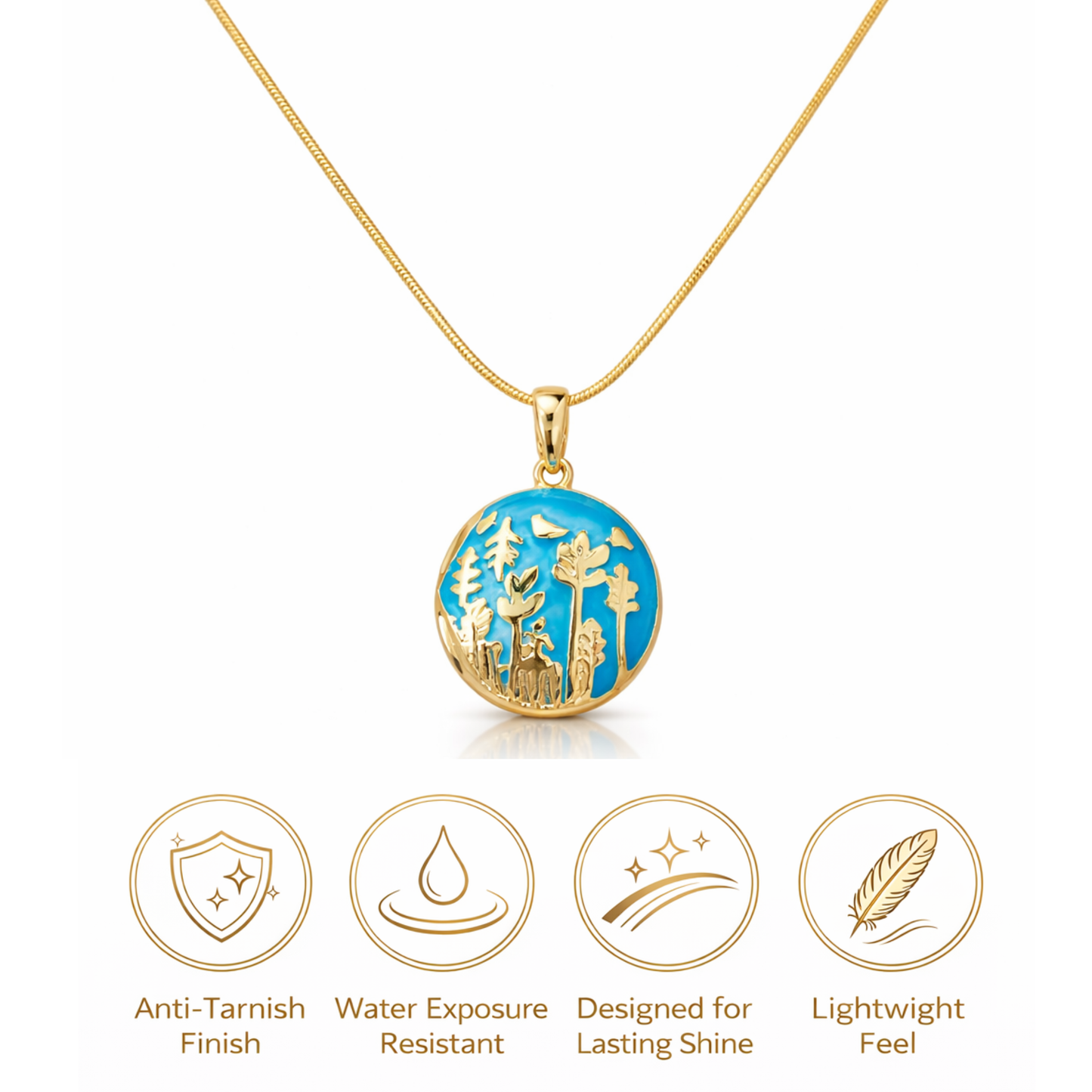 Gold necklace with a blue pendant on a white background