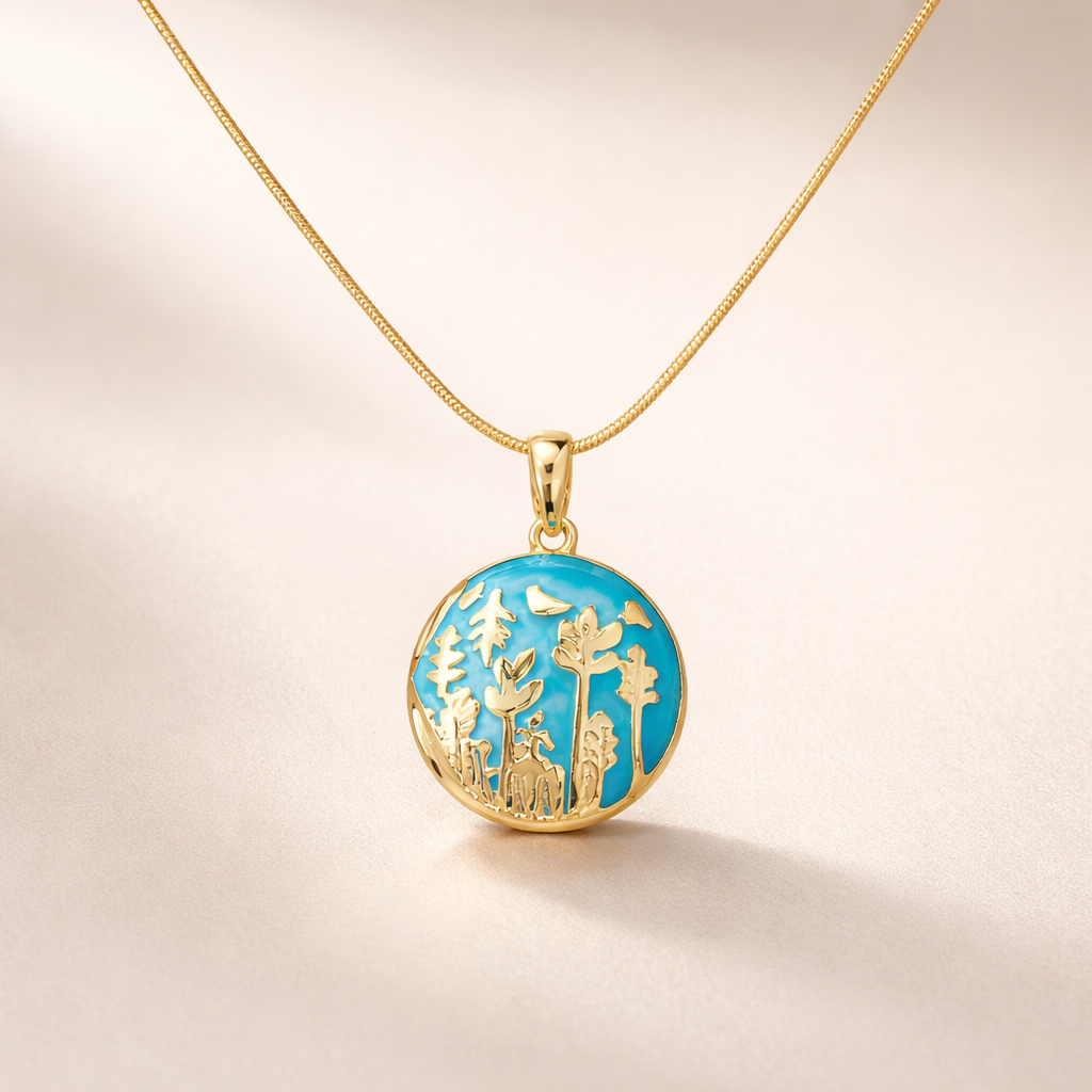 Gold necklace with a round pendant featuring nature-themed design on a beige background