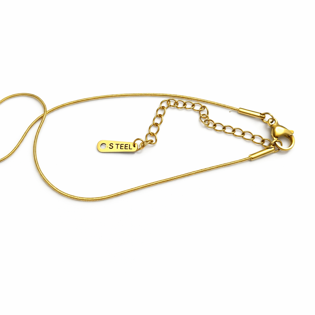 Gold chain with a tag labeled 'S Steel' on a white background